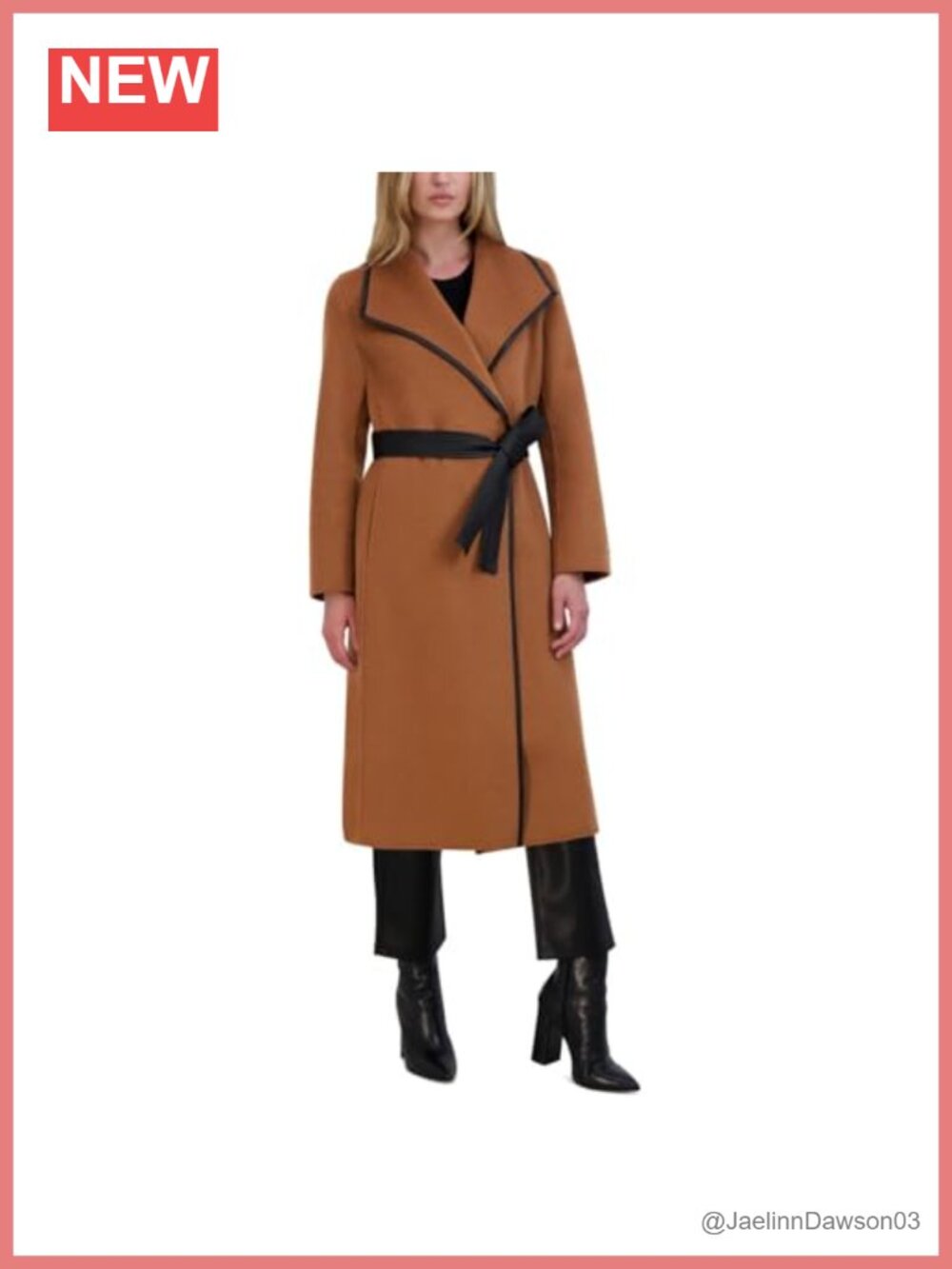 Wool Blend Longline Wrap Coat with PU Leather Trim & Belt